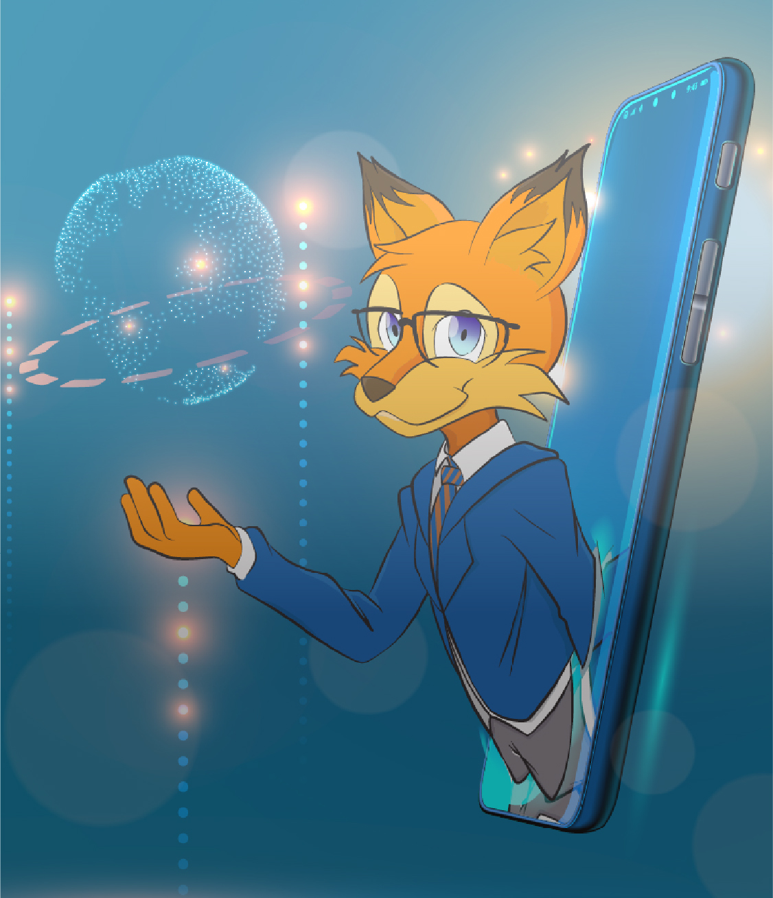 Sparfuchs kommt aus einer APP heraus und hält einen Globus in der Hand