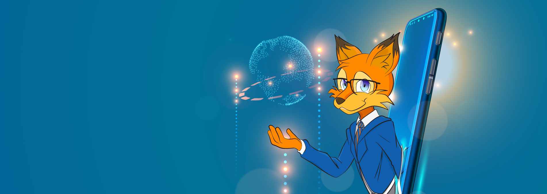 Sparfuchs kommt aus einer APP heraus und hält einen Globus in der Hand