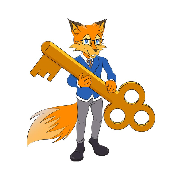 Sparfuchs steht mit einem Schlüssel in der Hand