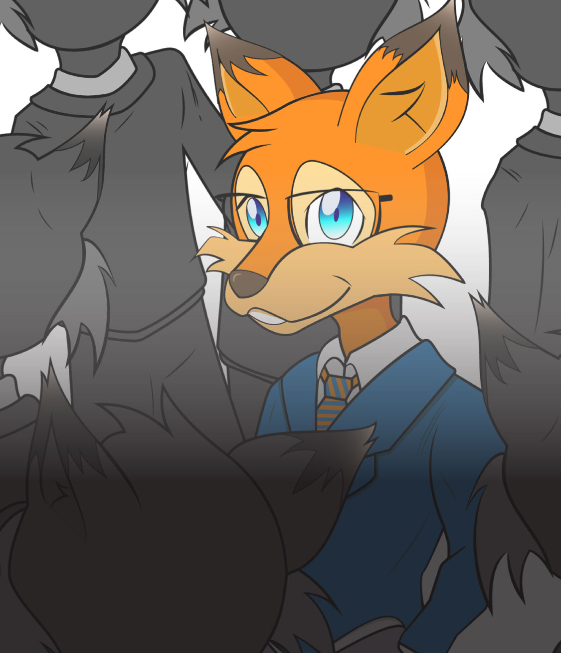 Sparfuchs in Farbe steht zwischen schwarzen Füchsen