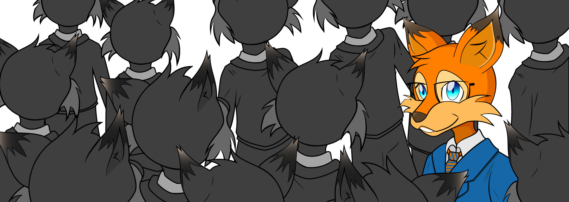 Sparfuchs in Farbe steht zwischen schwarzen Füchsen