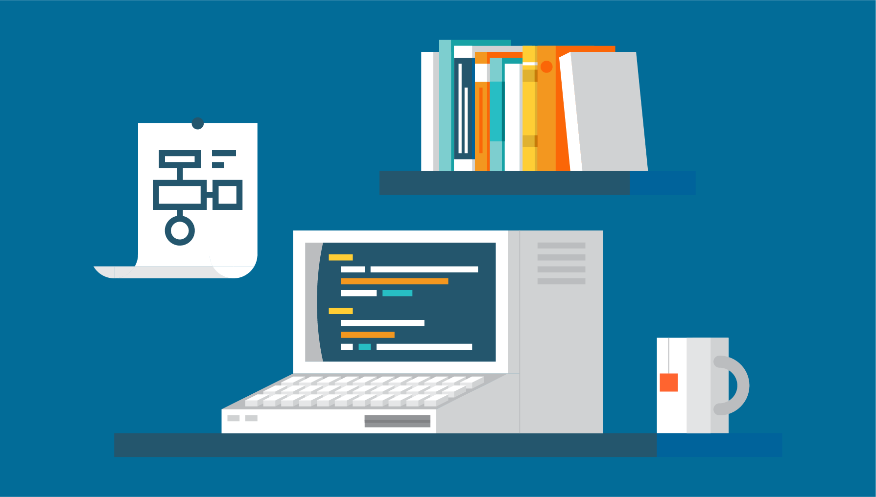 Alter PC mit Diskettenlaufwerk, Programmierbücher und Tasse