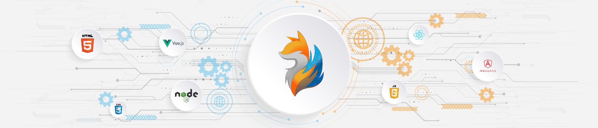 WappFoxx Logo mit Grafiken von HTML5, Vue.js, node, CSS, React und Angular