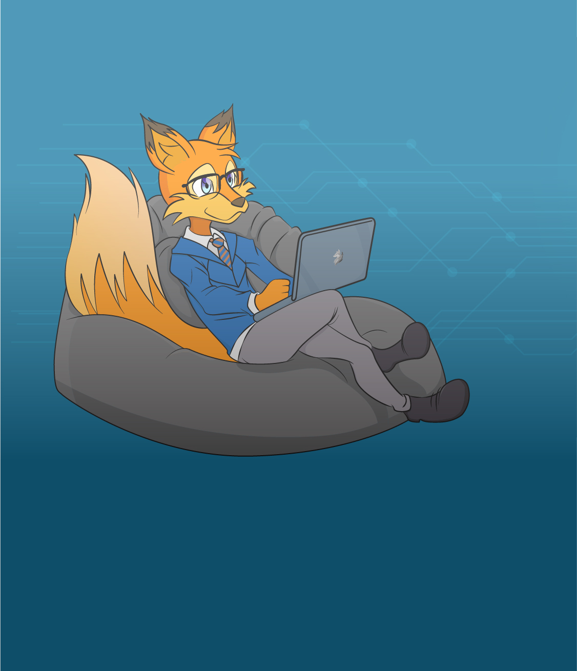 Sparfuchs sitzt mit Laptop auf einer Couch und programiert HTML-Webseiten