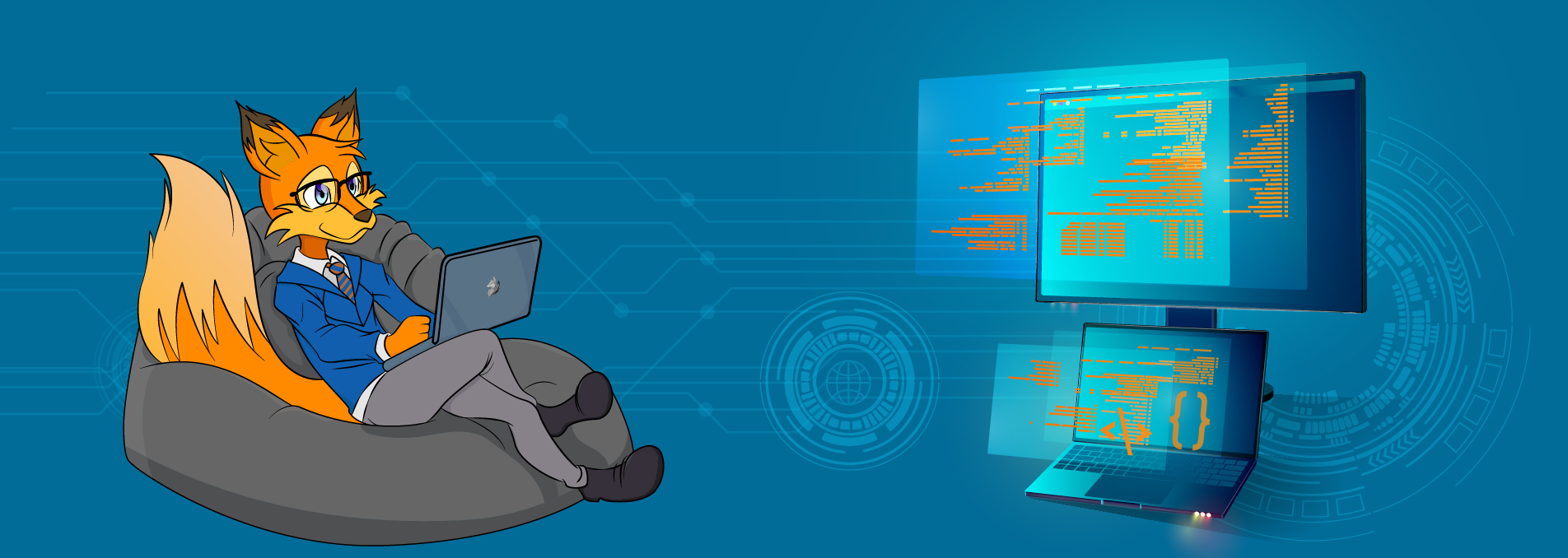 Sparfuchs sitzt mit Laptop auf einer Couch und programiert HTML-Webseiten